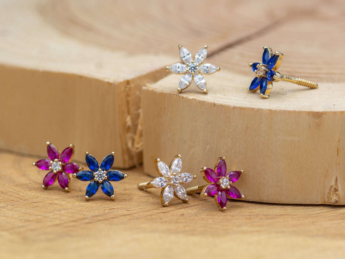 14K solid gold Floral Gemstone and Simulated Diamond Accent Stud Earrings