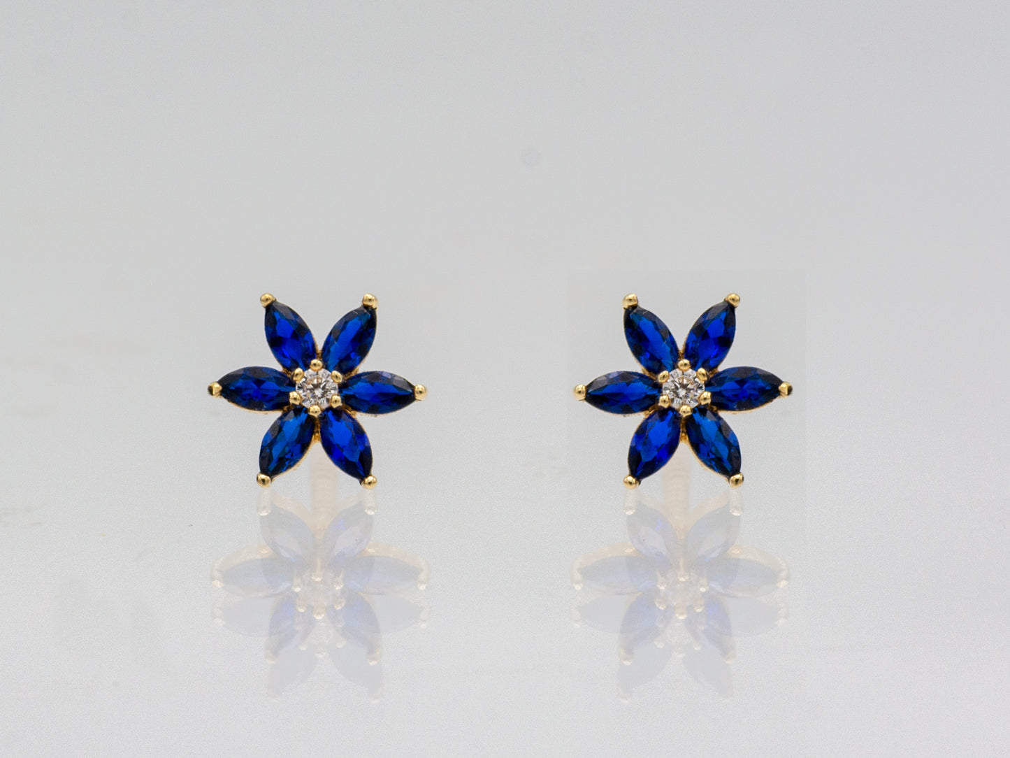 14K solid gold Floral Gemstone and Simulated Diamond Accent Stud Earrings