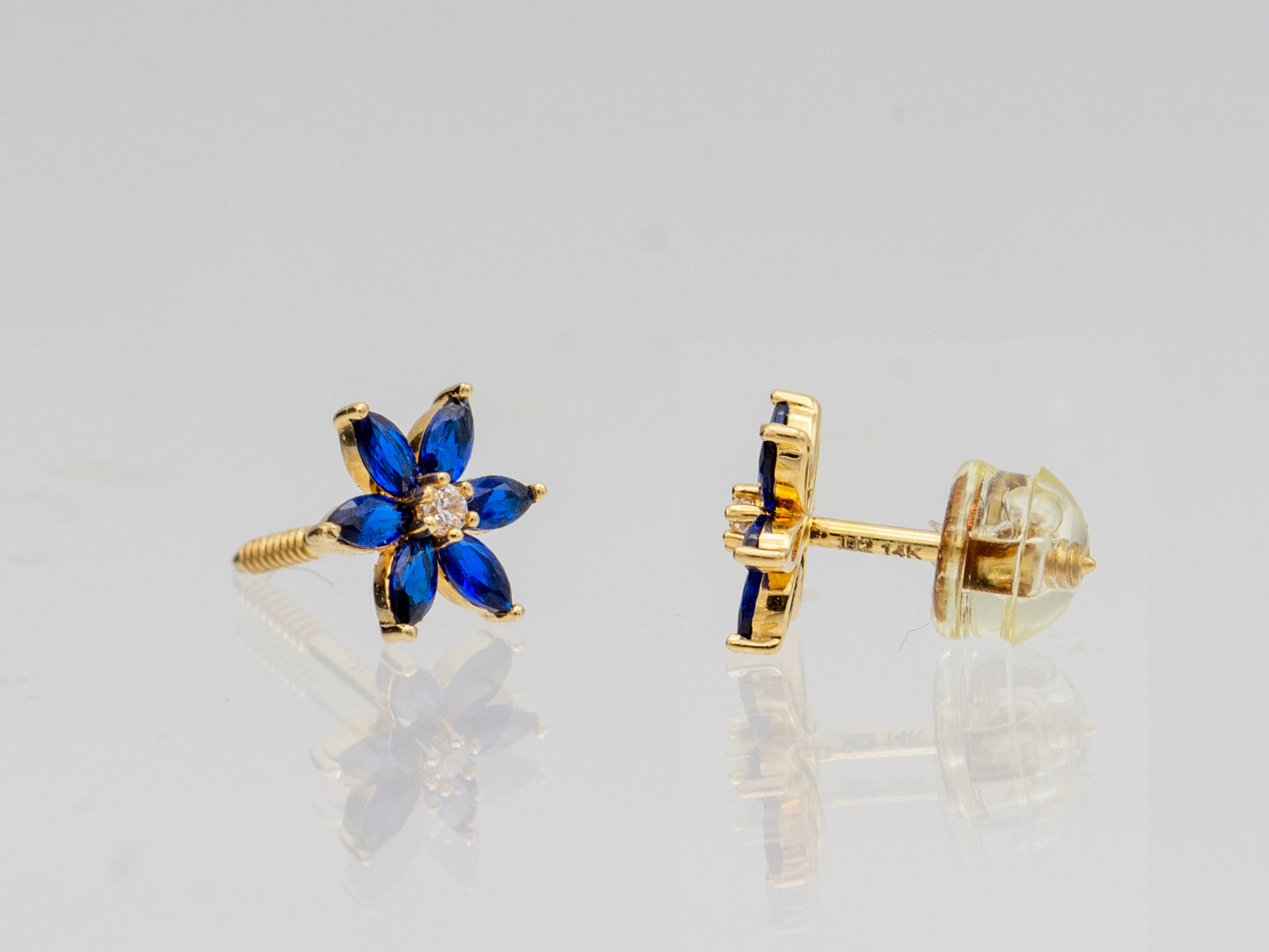 14K solid gold Floral Gemstone and Simulated Diamond Accent Stud Earrings
