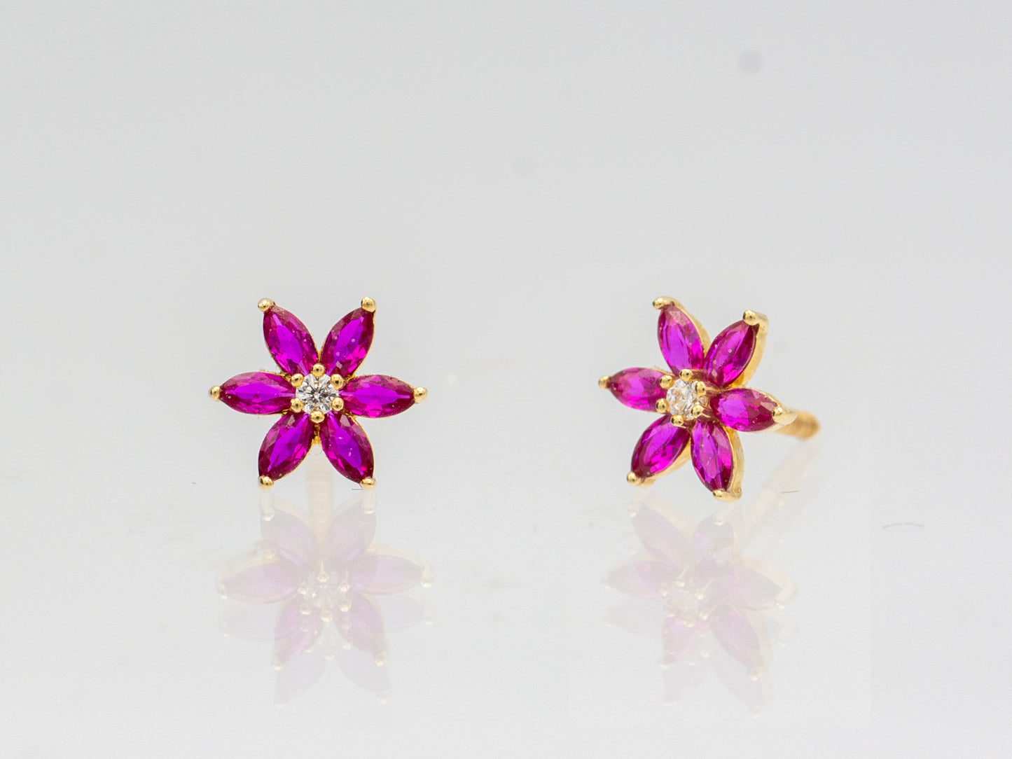 14K solid gold Floral Gemstone and Simulated Diamond Accent Stud Earrings