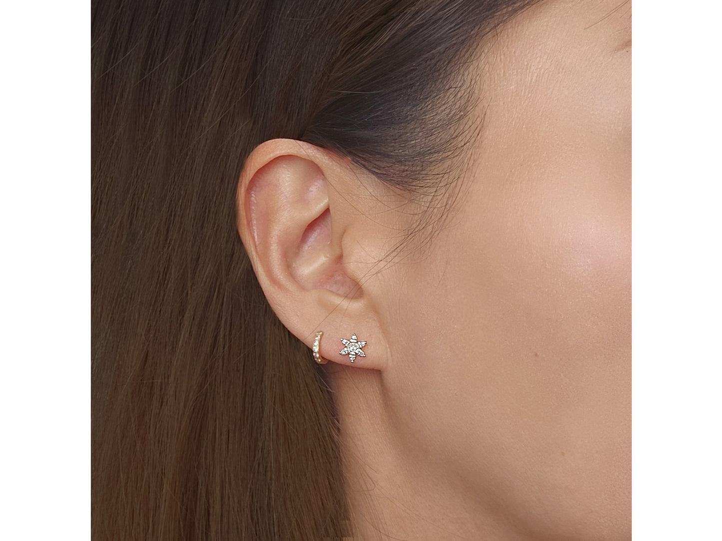 14K solid gold Floral Gemstone and Simulated Diamond Accent Stud Earrings