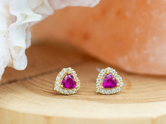 14K solid gold Heart-Shaped Synthetic Ruby and White Cubic Zirconia Frame Stud Earrings