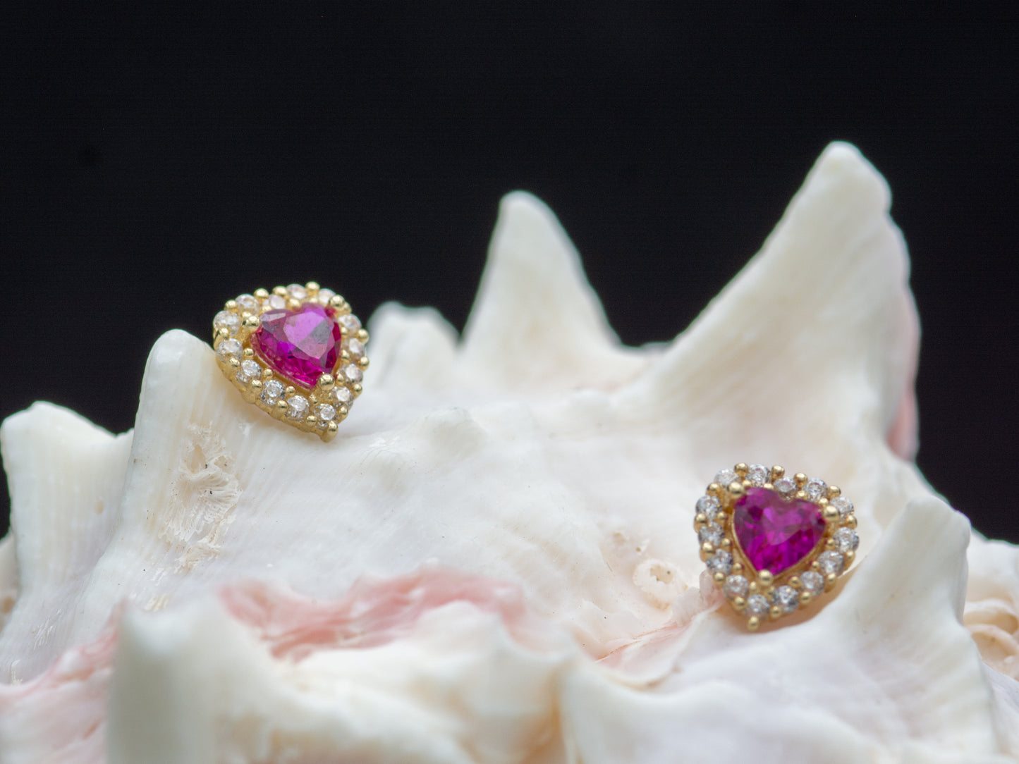 14K solid gold Heart-Shaped Synthetic Ruby and White Cubic Zirconia Frame Stud Earrings