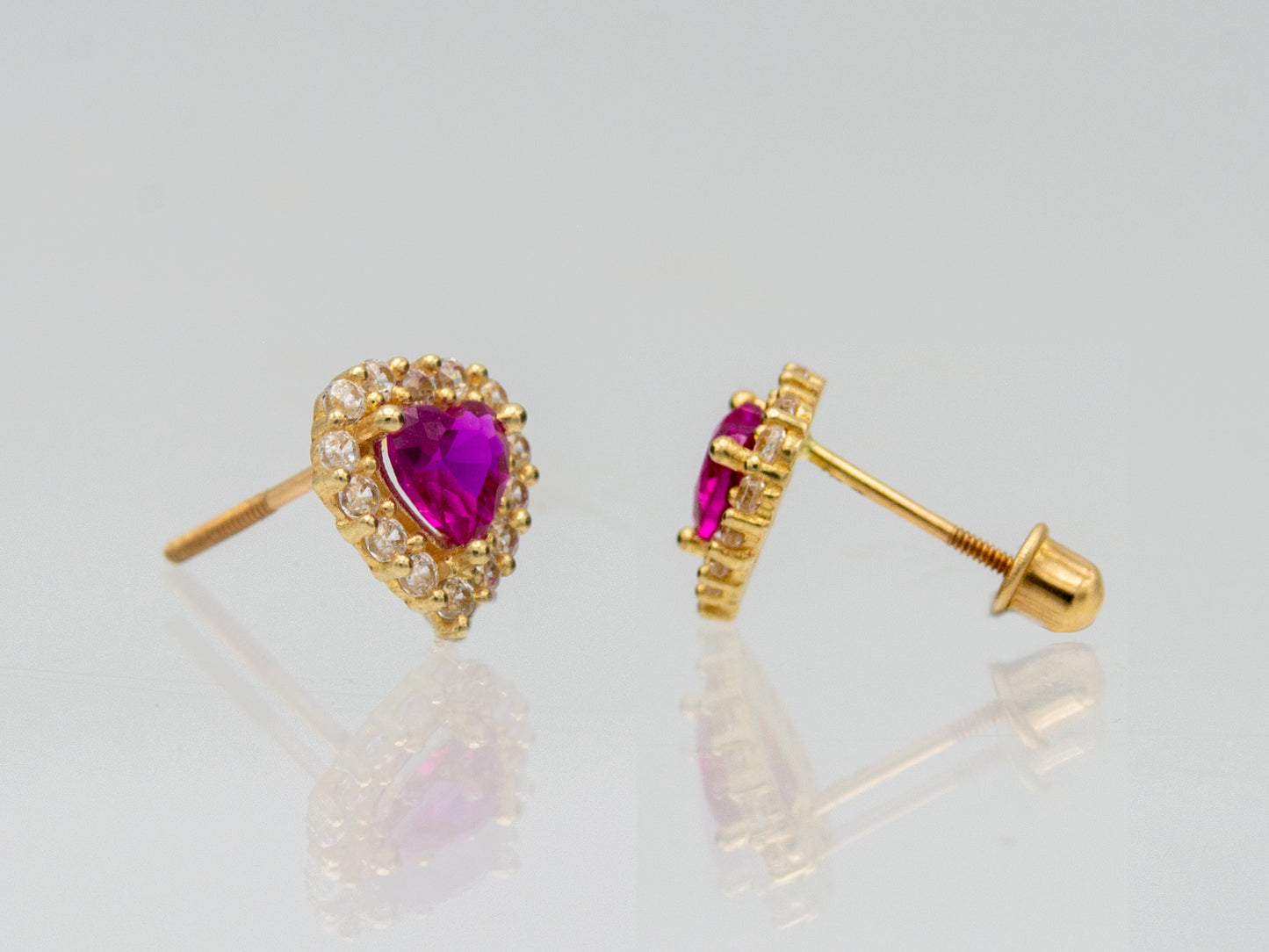 14K solid gold Heart-Shaped Synthetic Ruby and White Cubic Zirconia Frame Stud Earrings