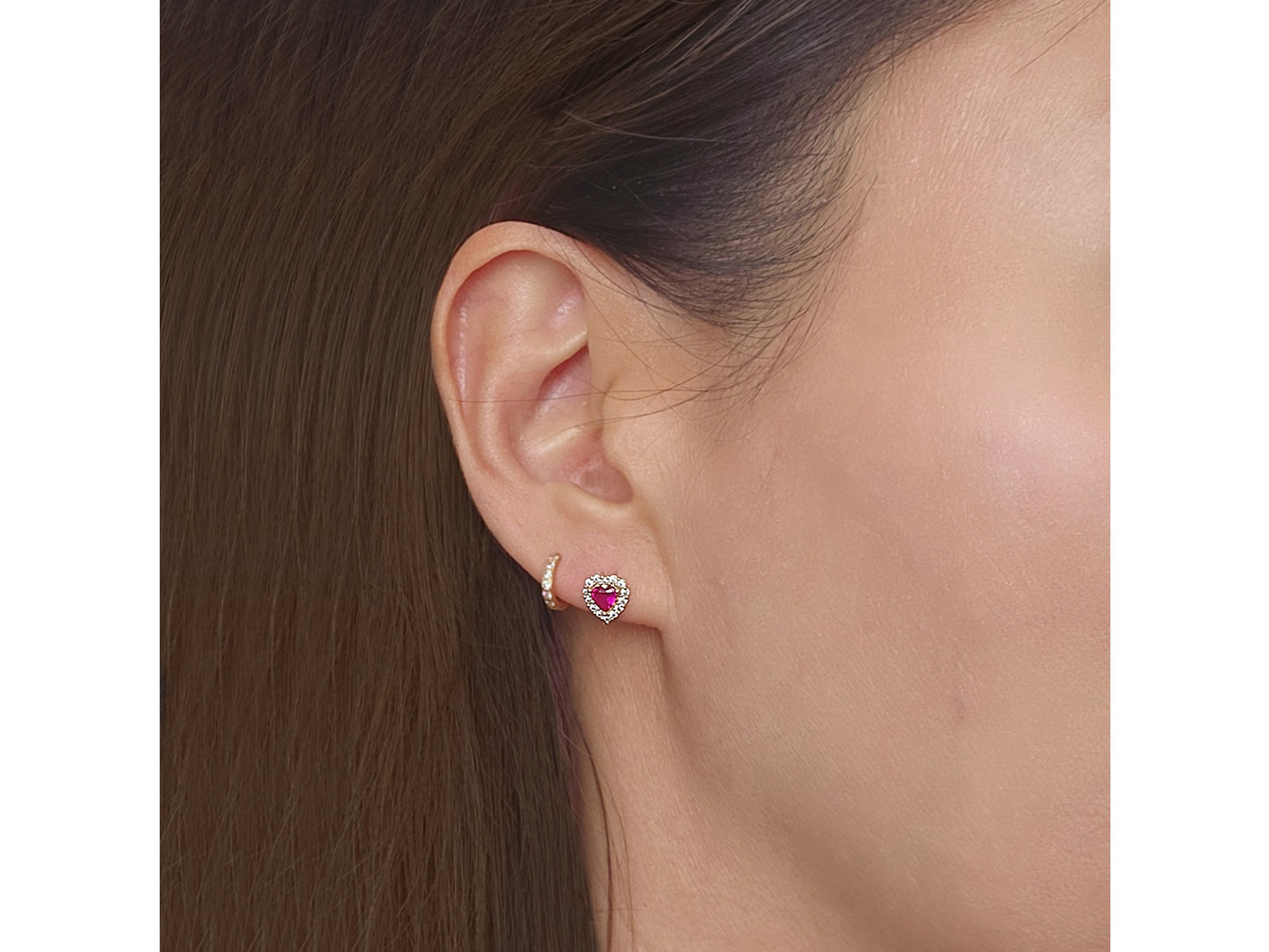 14K solid gold Heart-Shaped Synthetic Ruby and White Cubic Zirconia Frame Stud Earrings
