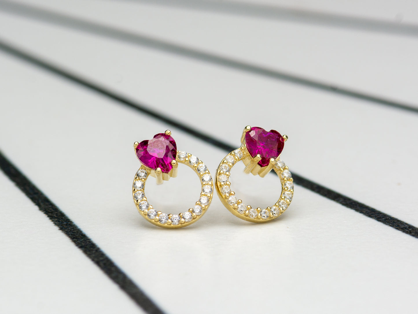 14K solid gold Open Circle Simulated Ruby Heart Stud Earrings