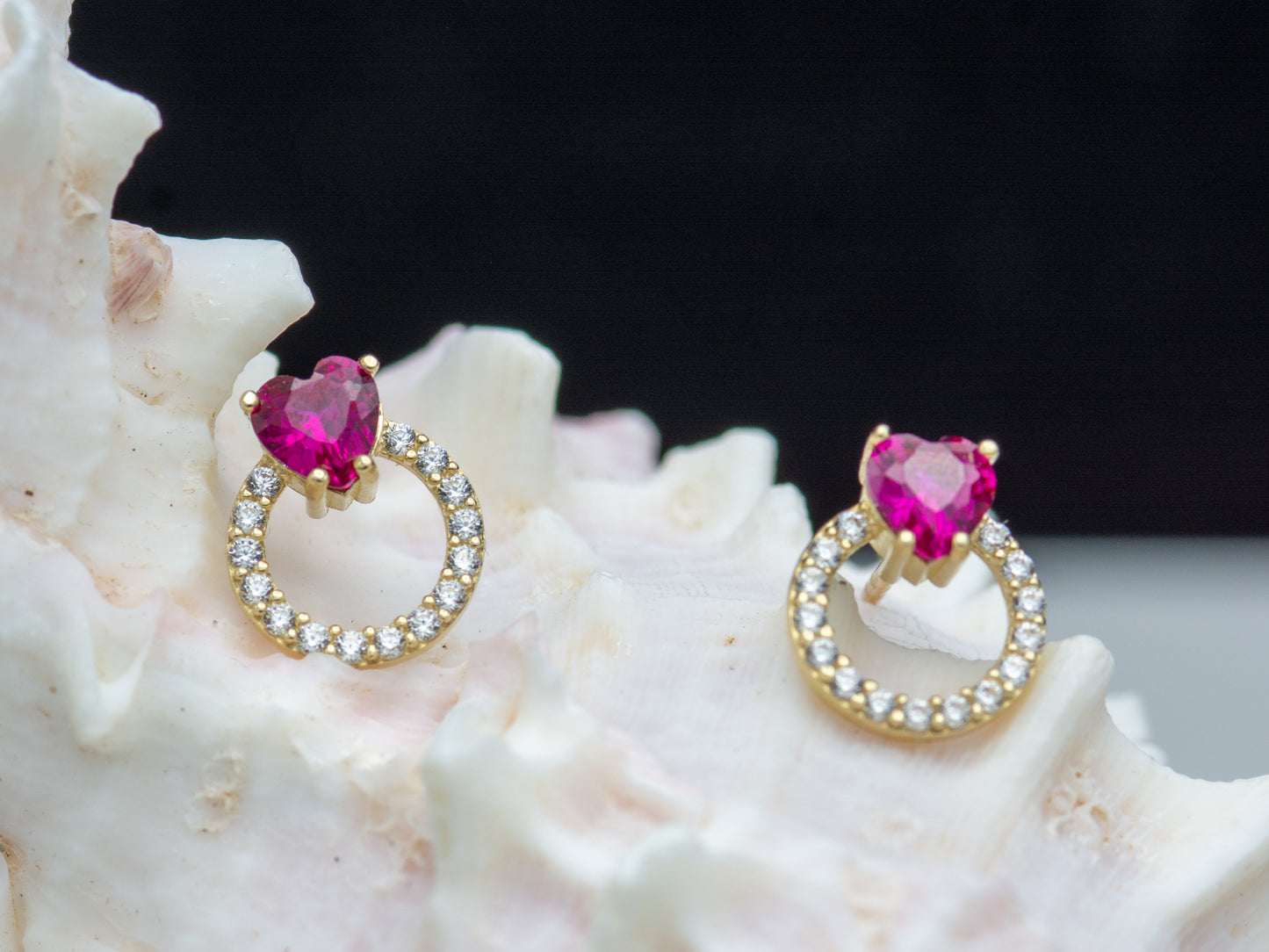 14K solid gold Open Circle Simulated Ruby Heart Stud Earrings