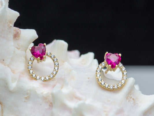 14K solid gold Open Circle Simulated Ruby Heart Stud Earrings