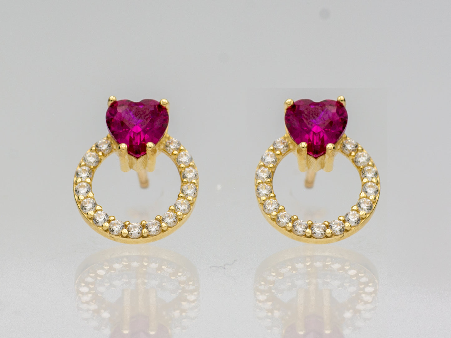 14K solid gold Open Circle Simulated Ruby Heart Stud Earrings