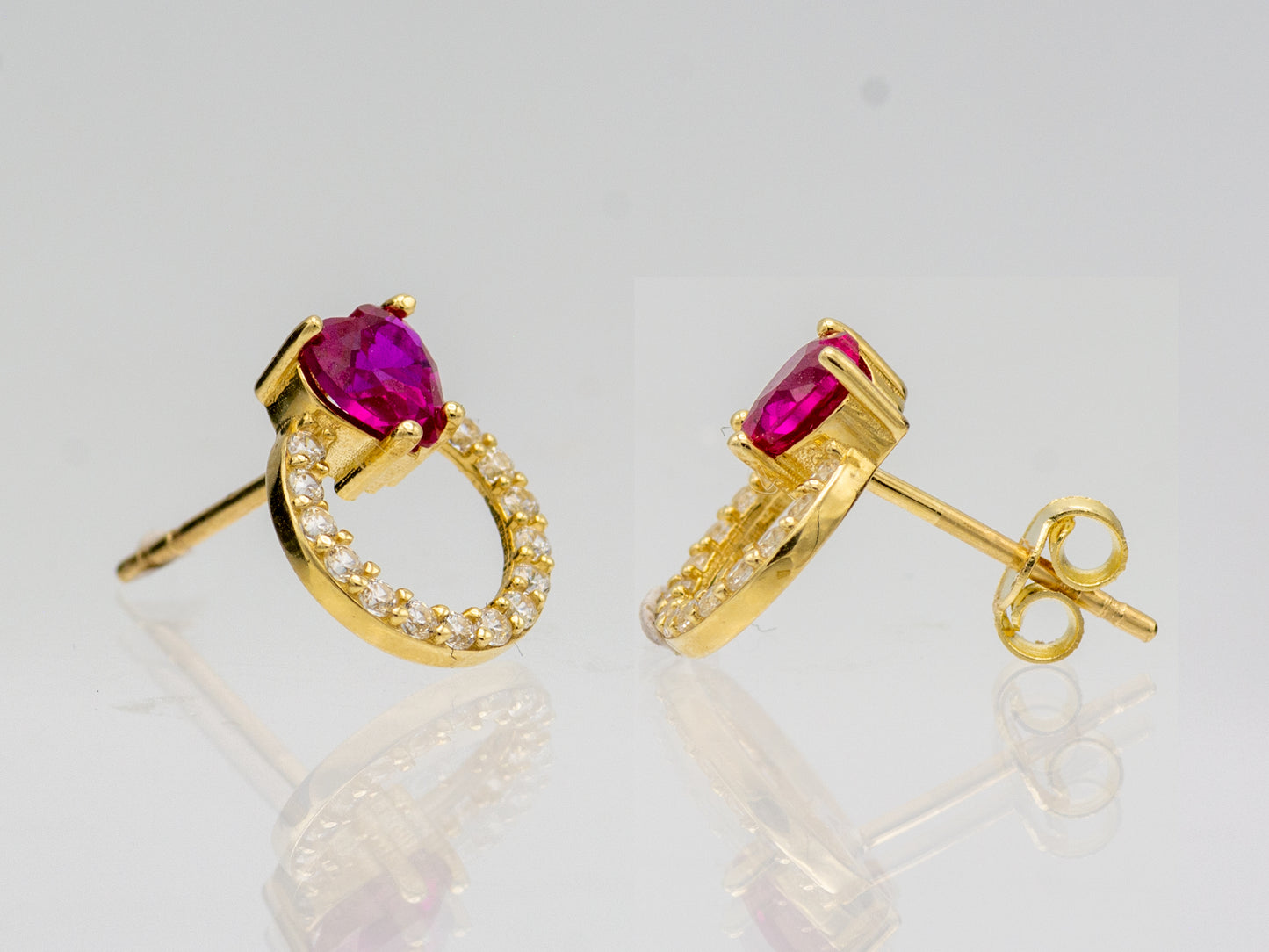 14K solid gold Open Circle Simulated Ruby Heart Stud Earrings