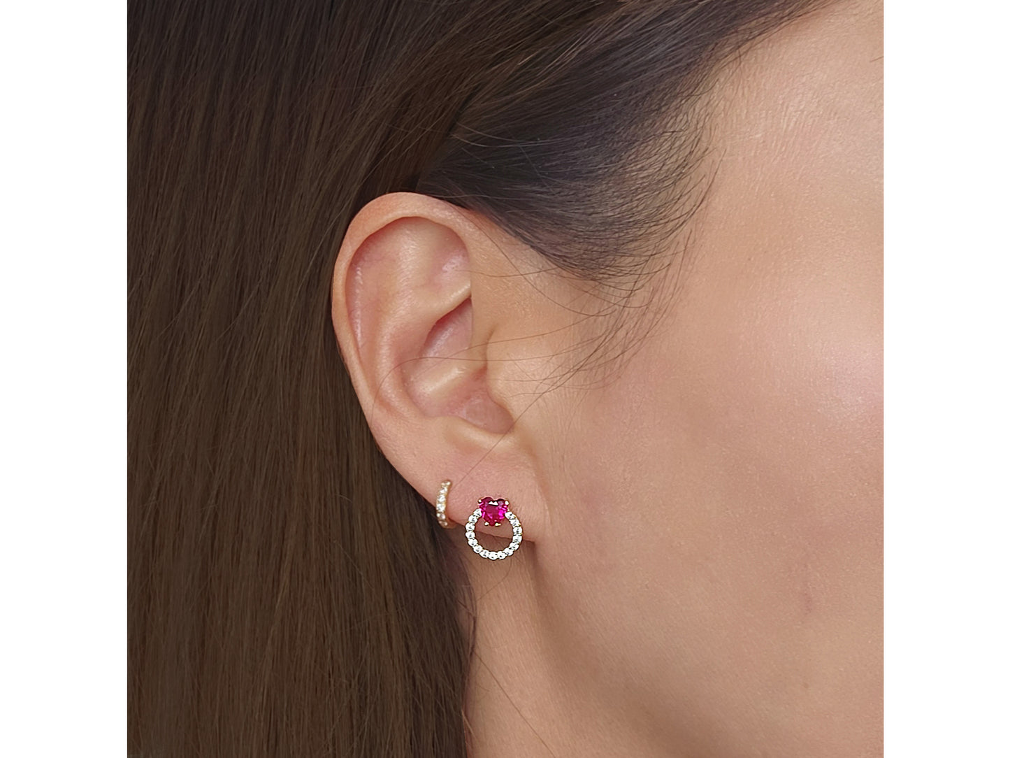 14K solid gold Open Circle Simulated Ruby Heart Stud Earrings