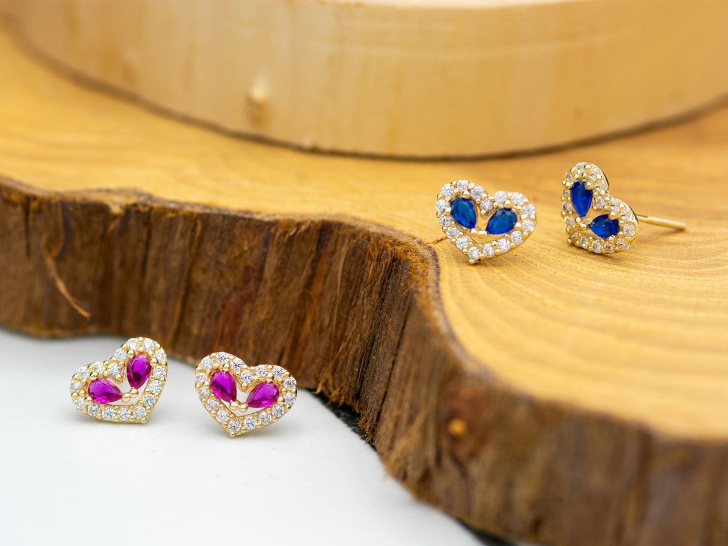 14K solid gold Heart Synthetic Ruby and Sapphire with Cubic Zirconia Frame Stud Earrings