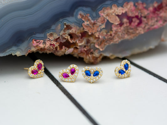 14K solid gold Heart Synthetic Ruby and Sapphire with Cubic Zirconia Frame Stud Earrings