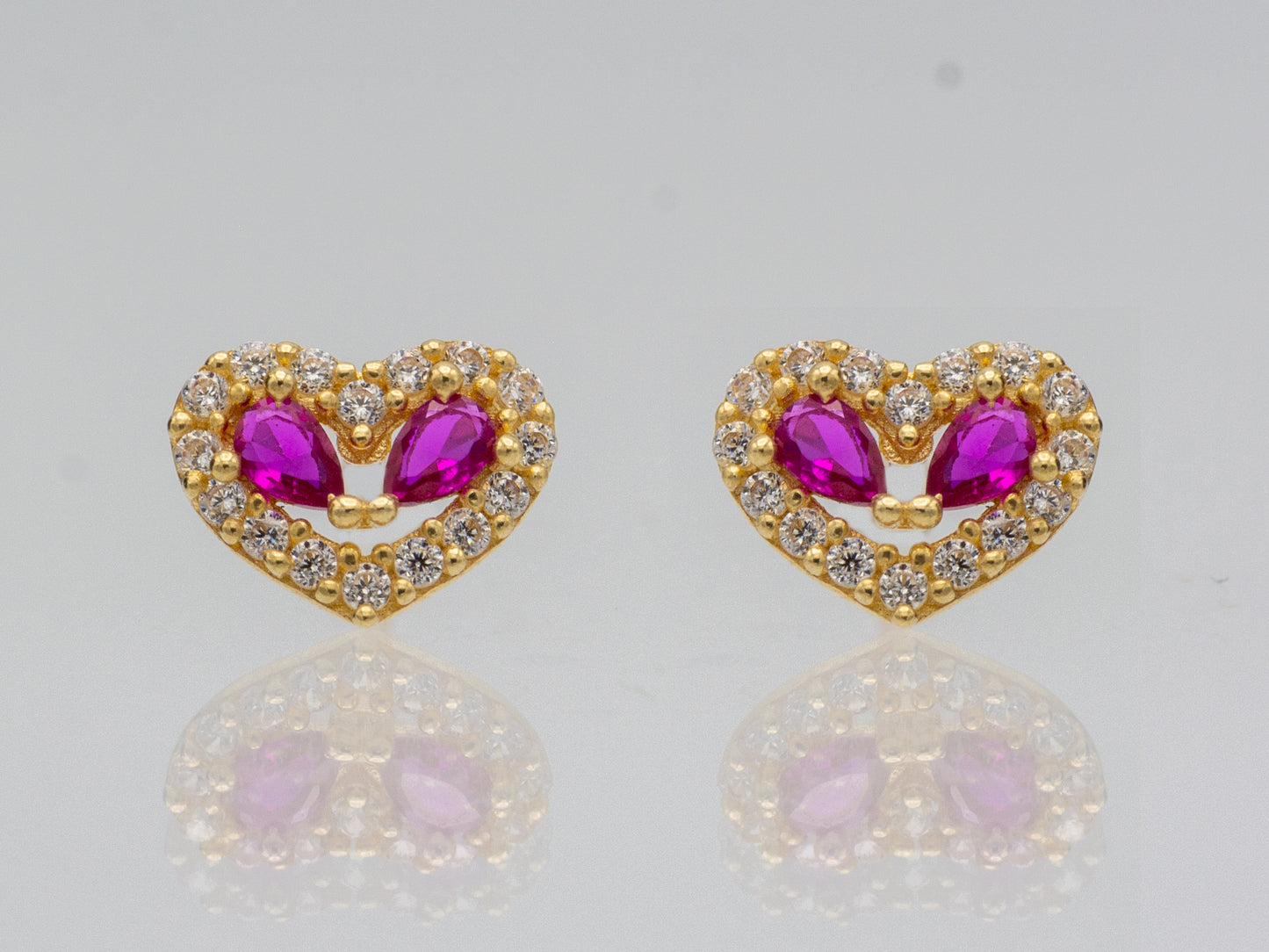 14K solid gold Heart Synthetic Ruby and Sapphire with Cubic Zirconia Frame Stud Earrings