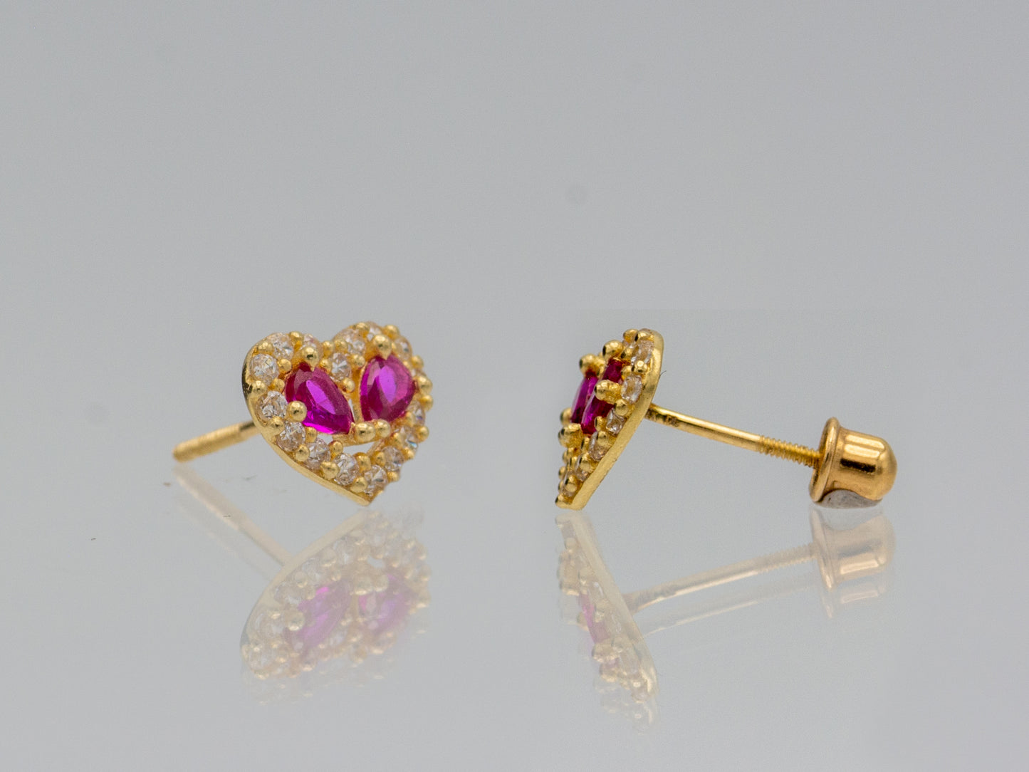 14K solid gold Heart Synthetic Ruby and Sapphire with Cubic Zirconia Frame Stud Earrings
