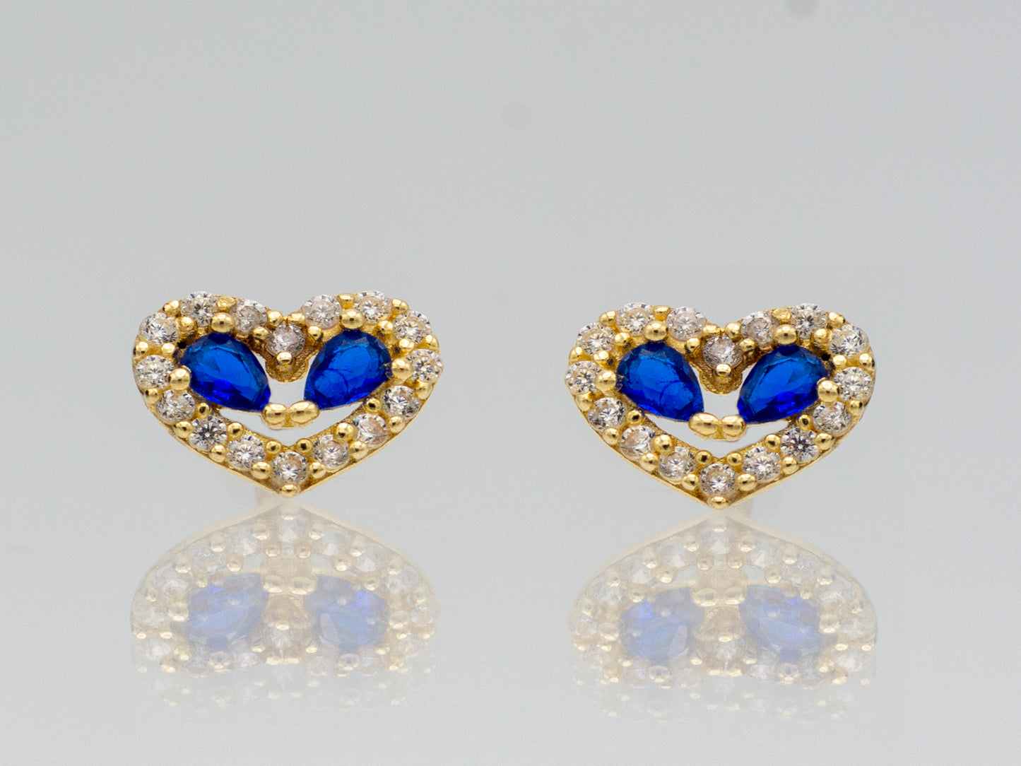 14K solid gold Heart Synthetic Ruby and Sapphire with Cubic Zirconia Frame Stud Earrings