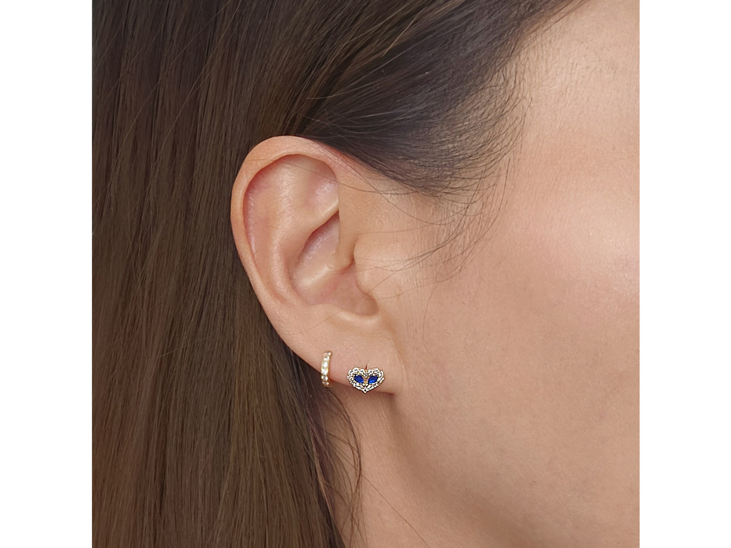 14K solid gold Heart Synthetic Ruby and Sapphire with Cubic Zirconia Frame Stud Earrings