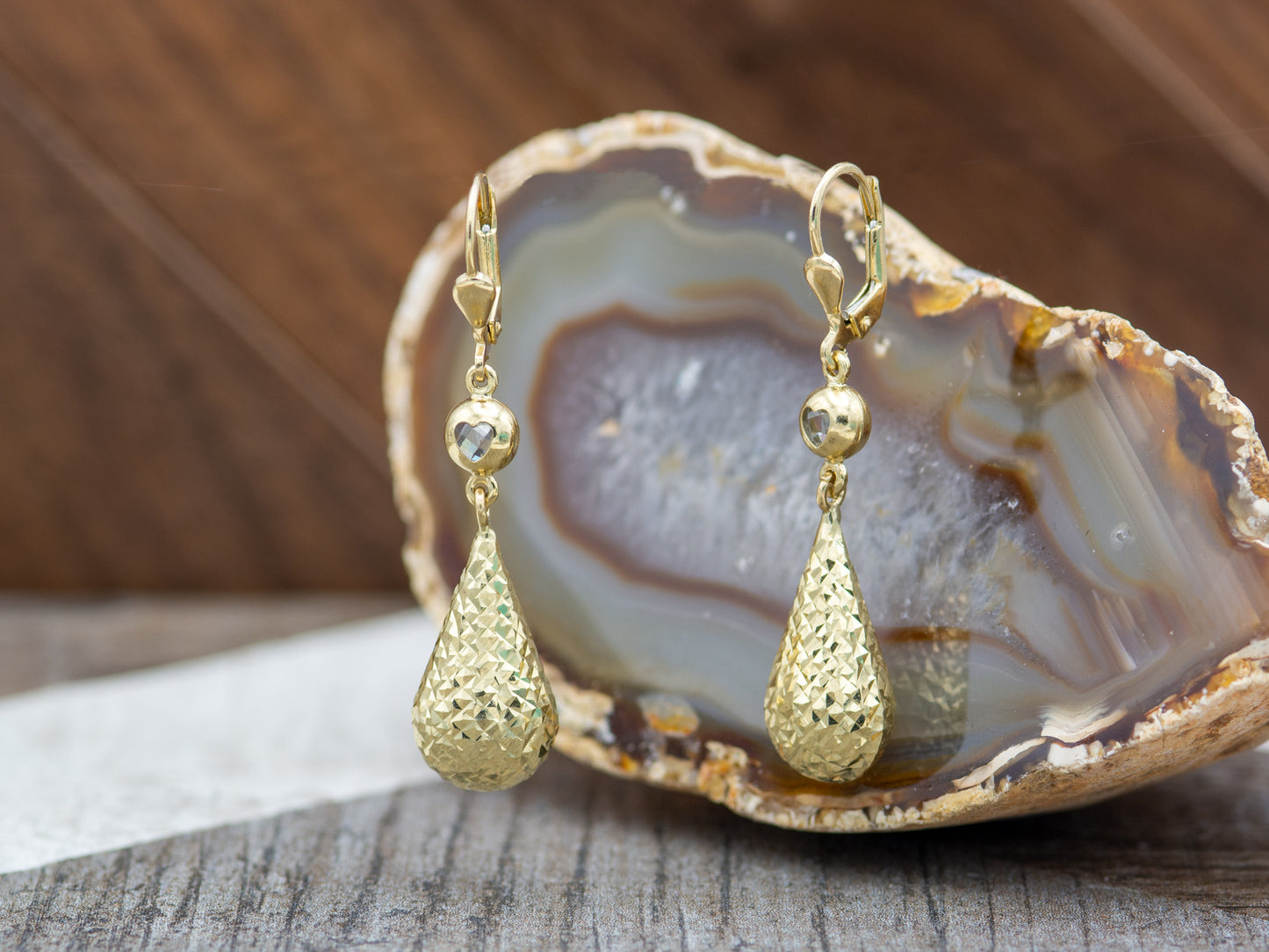 14k solid gold Diamond-Cut Puff Teardrop Dangle Earrings in Hollow