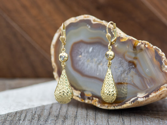 14k solid gold Diamond-Cut Puff Teardrop Dangle Earrings in Hollow