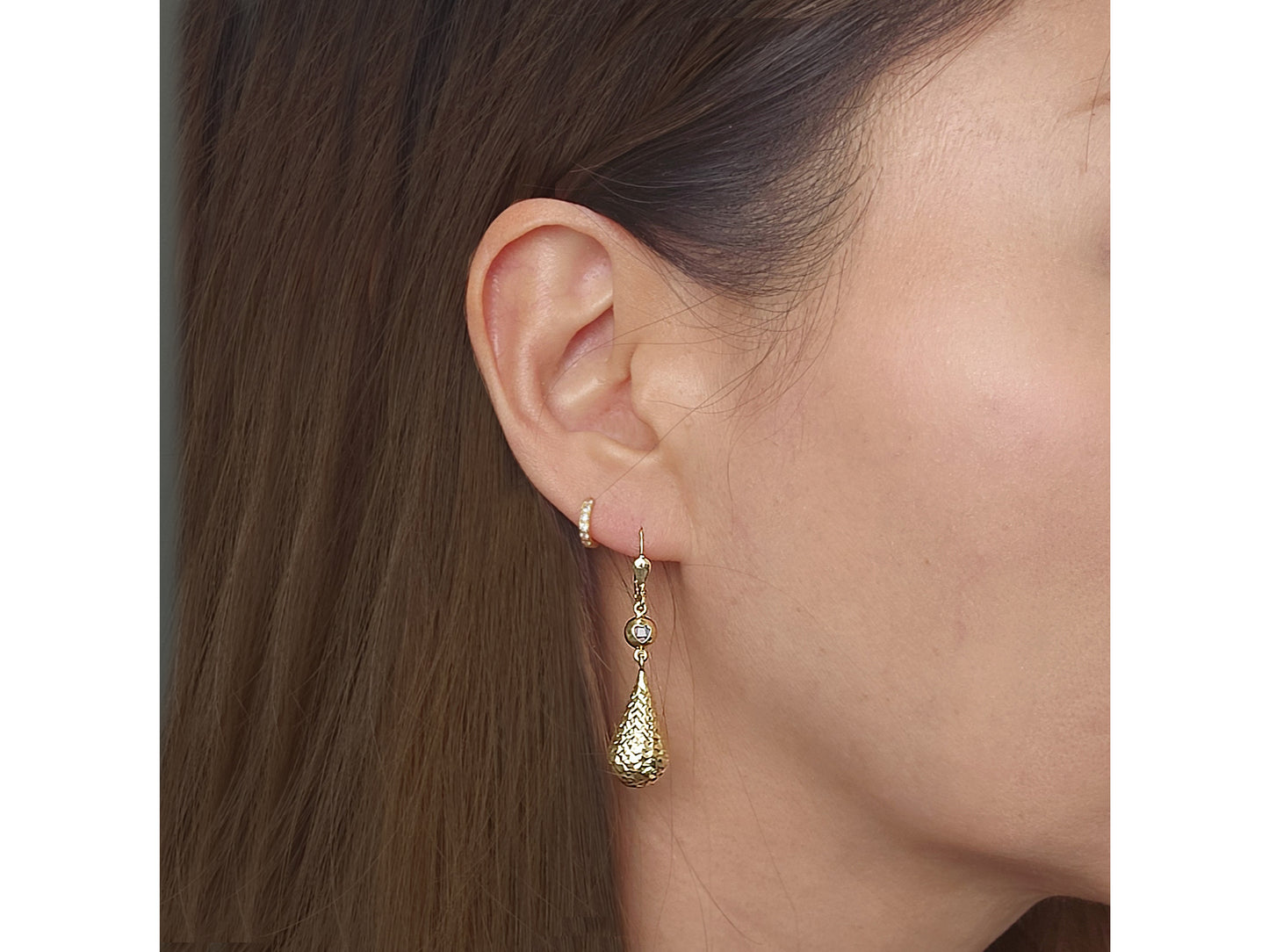 14k solid gold Diamond-Cut Puff Teardrop Dangle Earrings in Hollow
