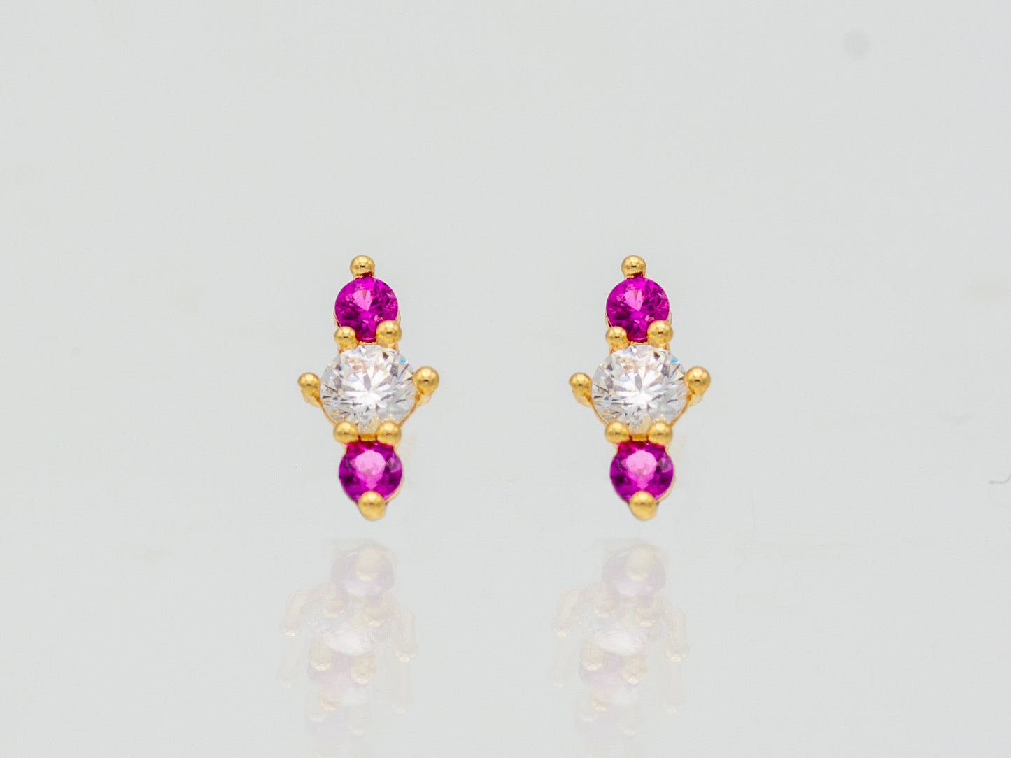 14k solid gold Triple CZ  sparkling stud earrings