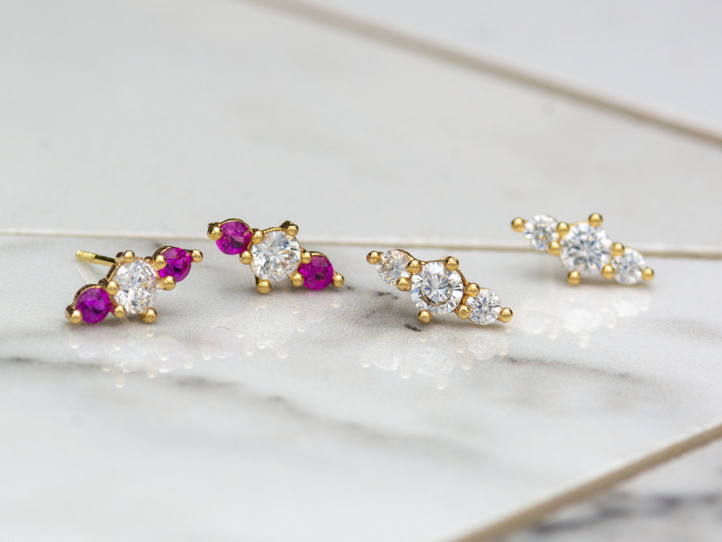 14k solid gold Triple CZ  sparkling stud earrings