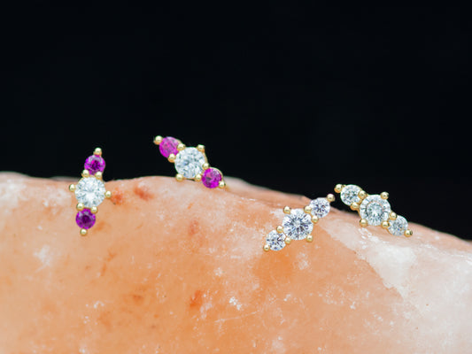 14k solid gold Triple CZ  sparkling stud earrings