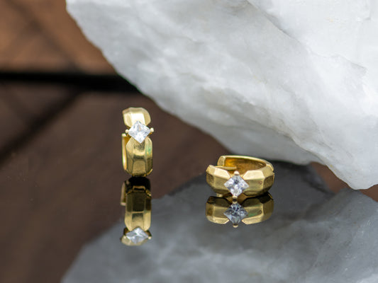 14K Solid Gold Simulated Diamond Hinged Hoop Huggie Earrings