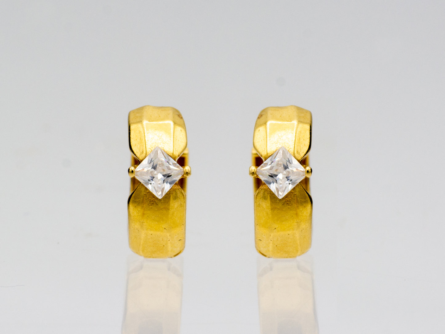 14K Solid Gold Simulated Diamond Hinged Hoop Huggie Earrings