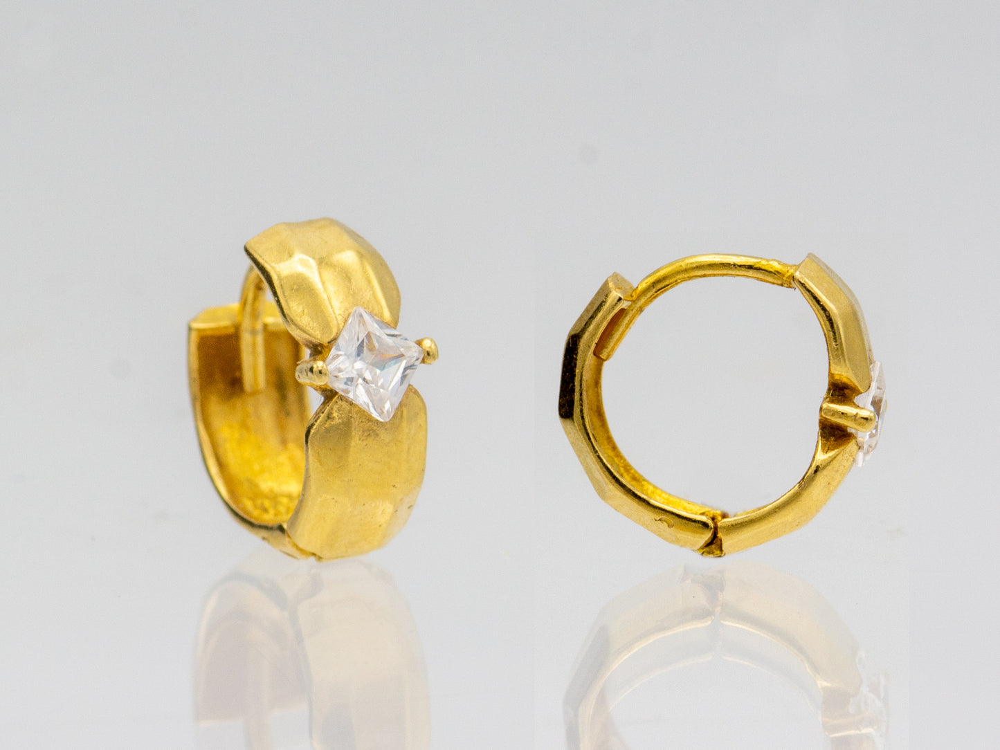 14K Solid Gold Simulated Diamond Hinged Hoop Huggie Earrings