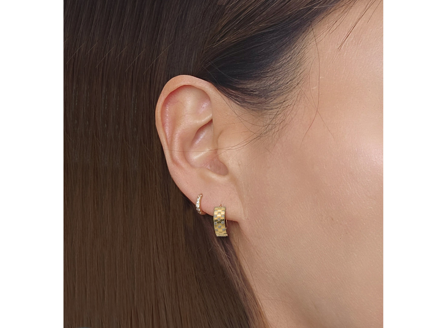 14K Solid Gold Pave CZ Diamond Huggies Hoop earring