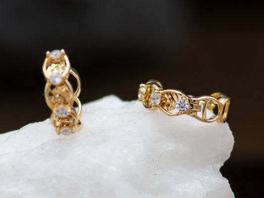 14K Solid Gold Simulated Diamond Huggies Hoop earring