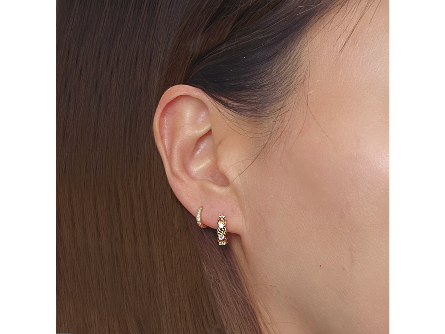 14K Solid Gold Simulated Diamond Huggies Hoop earring