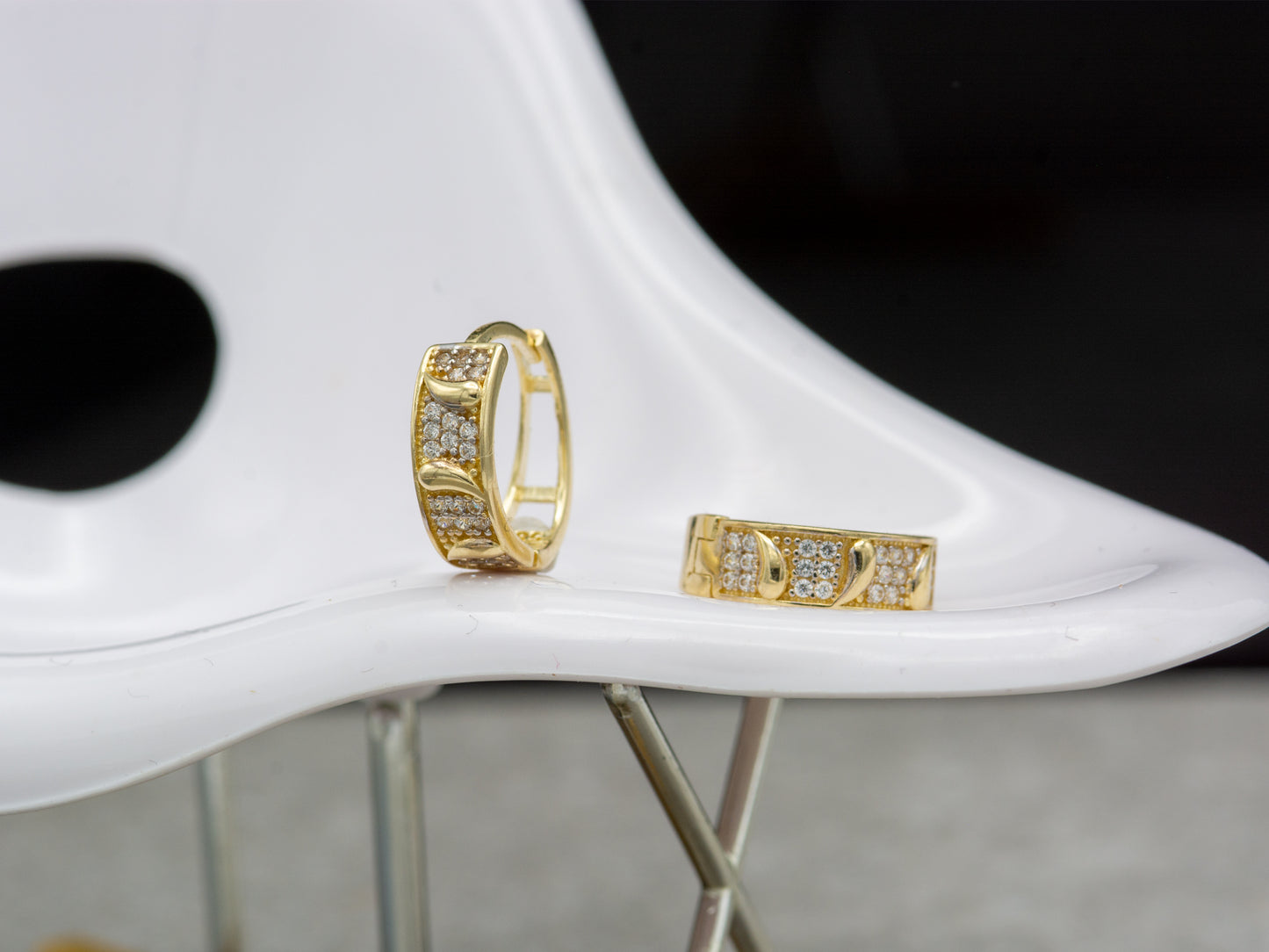 14K Solid Gold Simulated Diamond Huggies Hoop earring