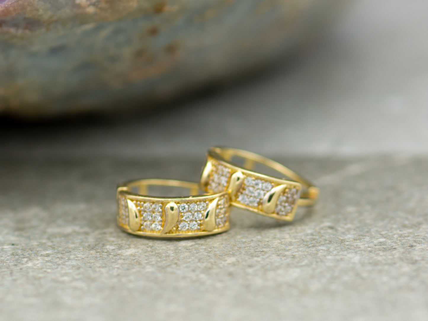 14K Solid Gold Simulated Diamond Huggies Hoop earring
