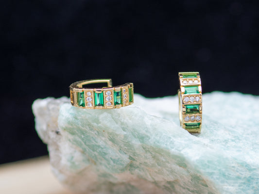 14K Solid Gold Synthetic Emerald and Diamond Huggies Hoop earring
