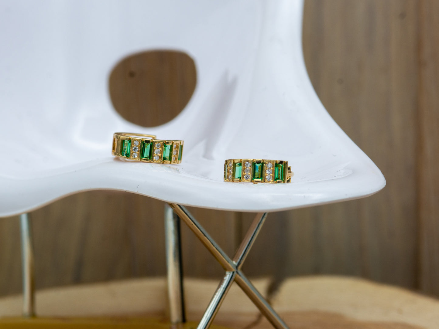 14K Solid Gold Synthetic Emerald and Diamond Huggies Hoop earring
