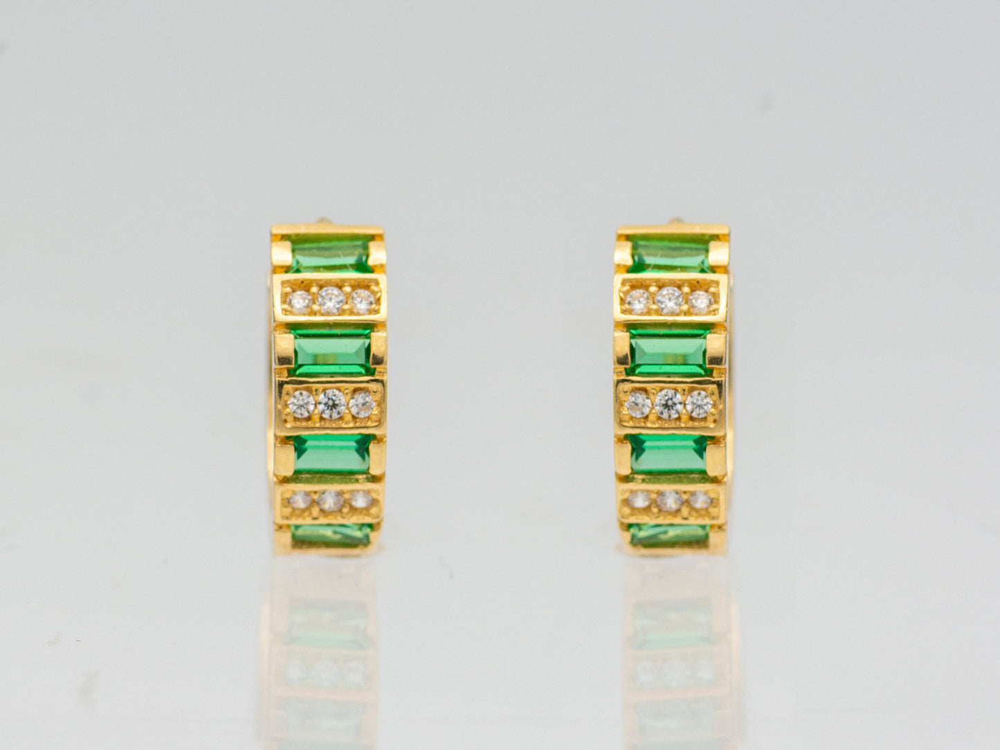 14K Solid Gold Synthetic Emerald and Diamond Huggies Hoop earring
