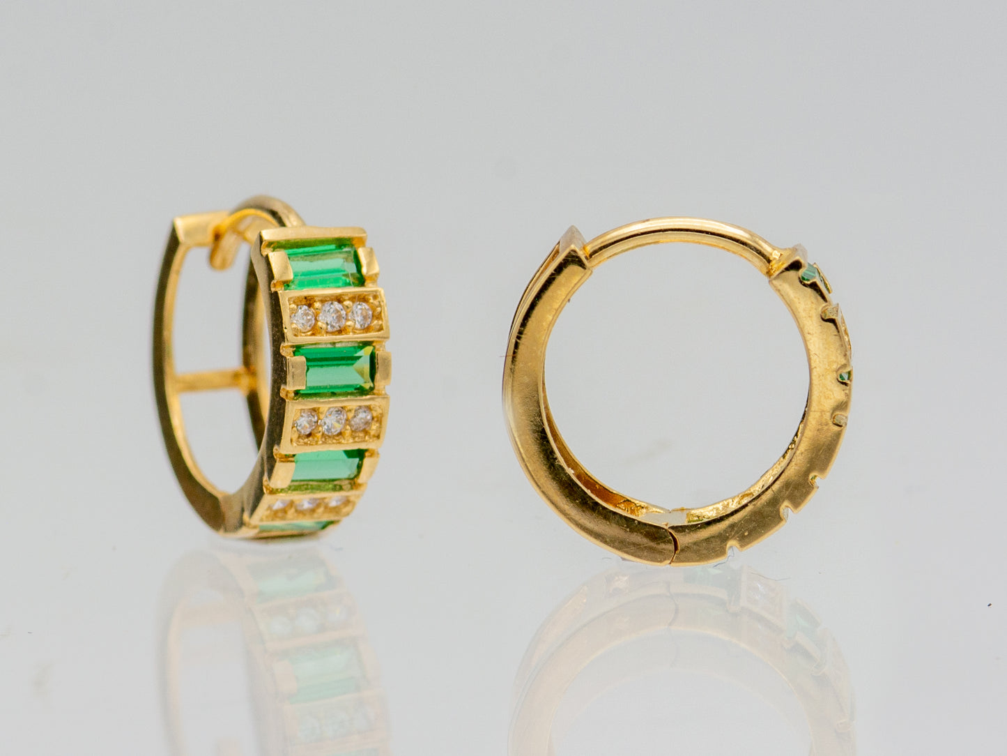 14K Solid Gold Synthetic Emerald and Diamond Huggies Hoop earring