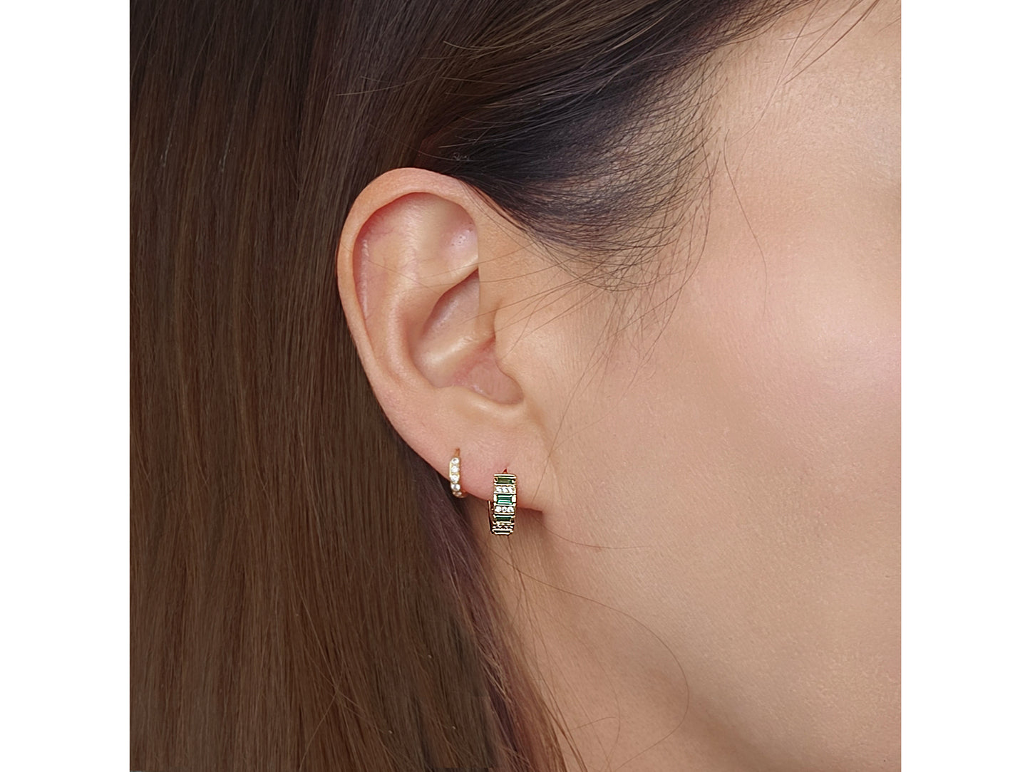 14K Solid Gold Synthetic Emerald and Diamond Huggies Hoop earring
