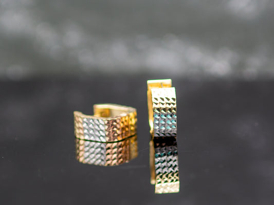 14K Solid Gold Diamond Cut Tri color Square Chunky Huggies Hoop earring