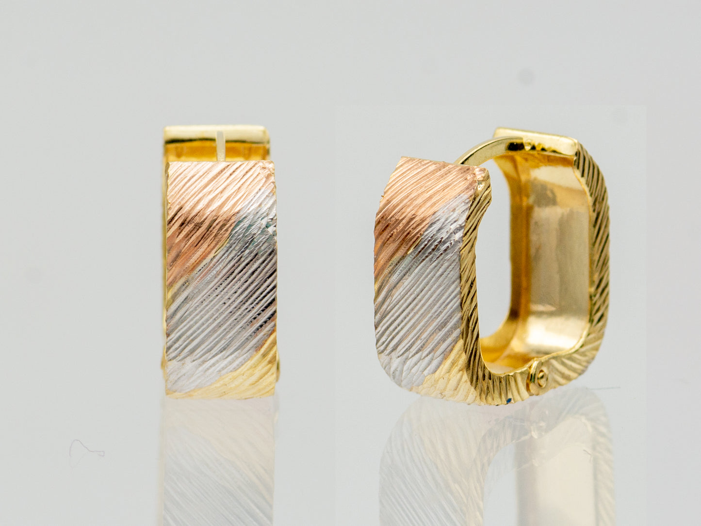 14K Solid Gold Stripe Diamond Cut Tri color Square Chunky Huggies Hoop earring