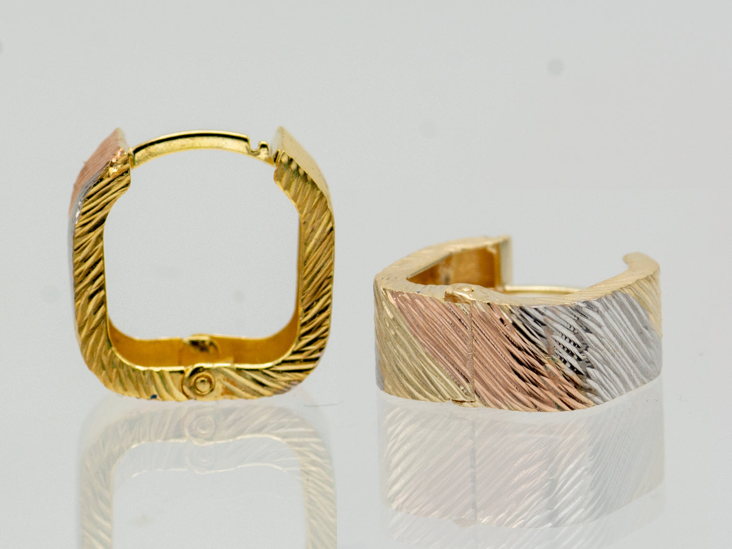 14K Solid Gold Stripe Diamond Cut Tri color Square Chunky Huggies Hoop earring