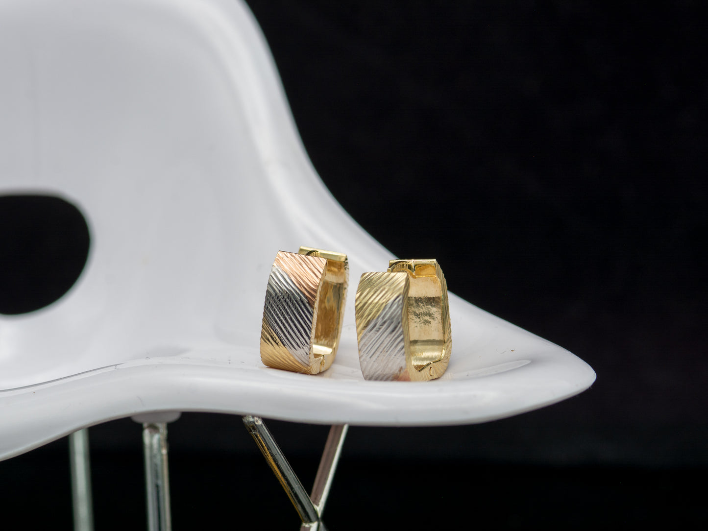 14K Solid Gold Stripe Diamond Cut Tri color Square Chunky Huggies Hoop earring