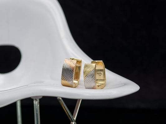 14K Solid Gold Stripe Diamond Cut Tri color Square Chunky Huggies Hoop earring