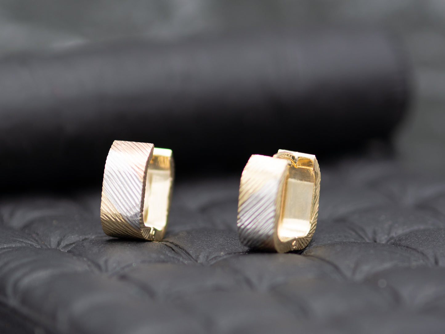 14K Solid Gold Stripe Diamond Cut Tri color Square Chunky Huggies Hoop earring