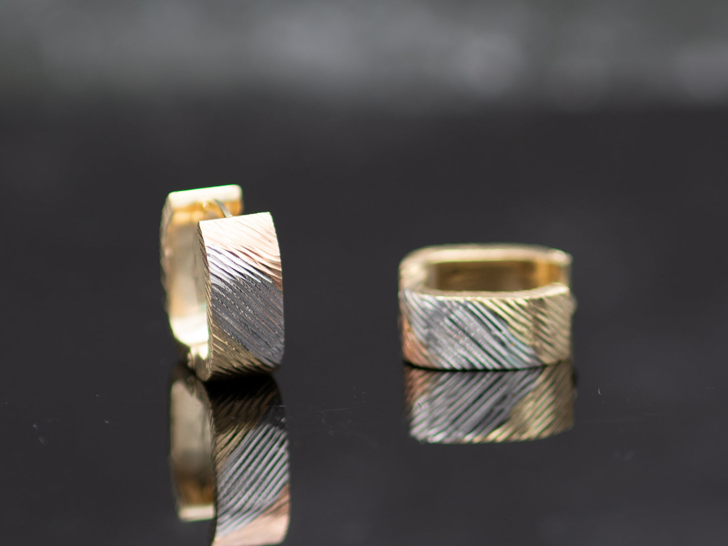 14K Solid Gold Stripe Diamond Cut Tri color Square Chunky Huggies Hoop earring