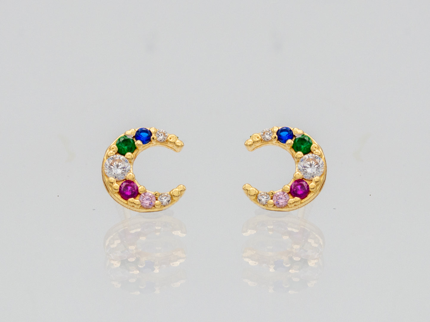14k solid gold crescent moon earrings with  rainbow stones
