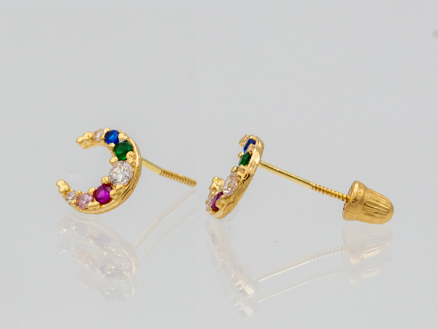 14k solid gold crescent moon earrings with  rainbow stones