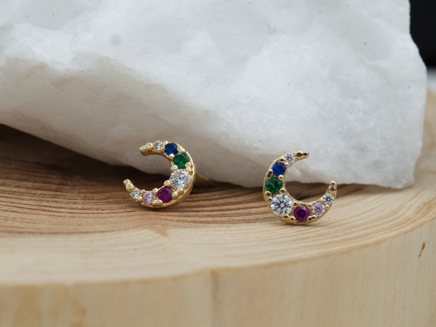 14k solid gold crescent moon earrings with  rainbow stones